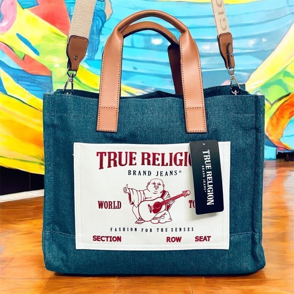 NWT Gorgeous True Religion Denim Signature Guitar Strap Crossbody Tote Bag - Picture 12 of 16